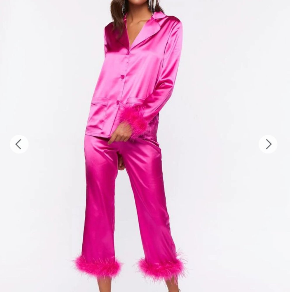 Satin Feather-Trim Pajama Outfit Set - Straight-Leg Pants & Button Down Blouse